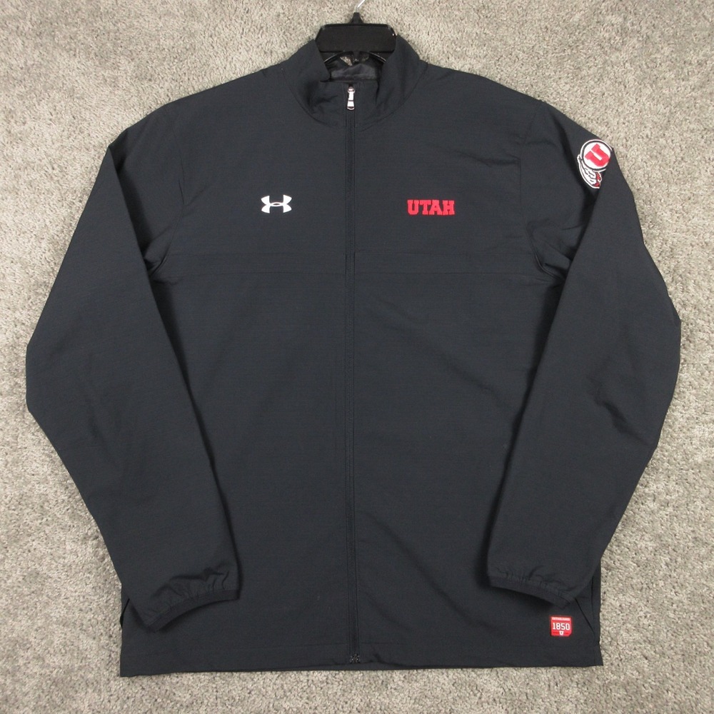 Utah Utes Jacket Mens XL Black Full Zip Windbreaker Football Under Armour Logo